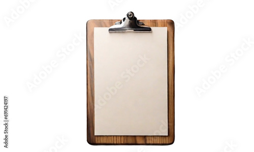 Old used clipboard with sheets of paper and slightly folded corner. photo
