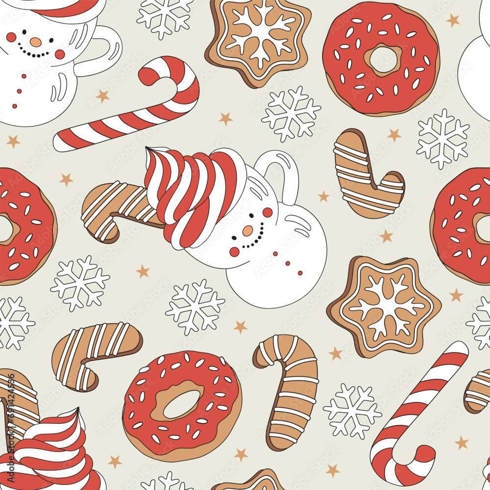 Christmas Gingerbread cookies Donut Peppermint candy Snowman mug vector seamless pattern. Xmas holiday festive season treats sweets snacks food background.