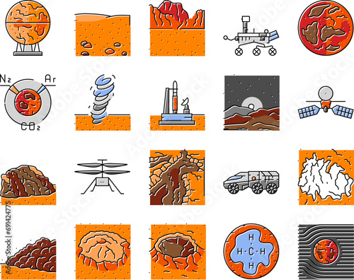 mars planet space astronomy icons set vector. cosmos science, planet universe, solar galaxy, world red, exploration sky mars planet space astronomy color line illustrations