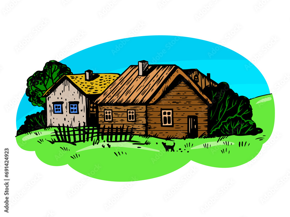Rural landscape engraving sketch color hand drawn raster illustration. Village houses. Scratch board style imitation. Hand drawn image. Rural landscape engraving sketch color hand drawn raster illustration. Village houses. Scratch board style imitation. Hand drawn image.