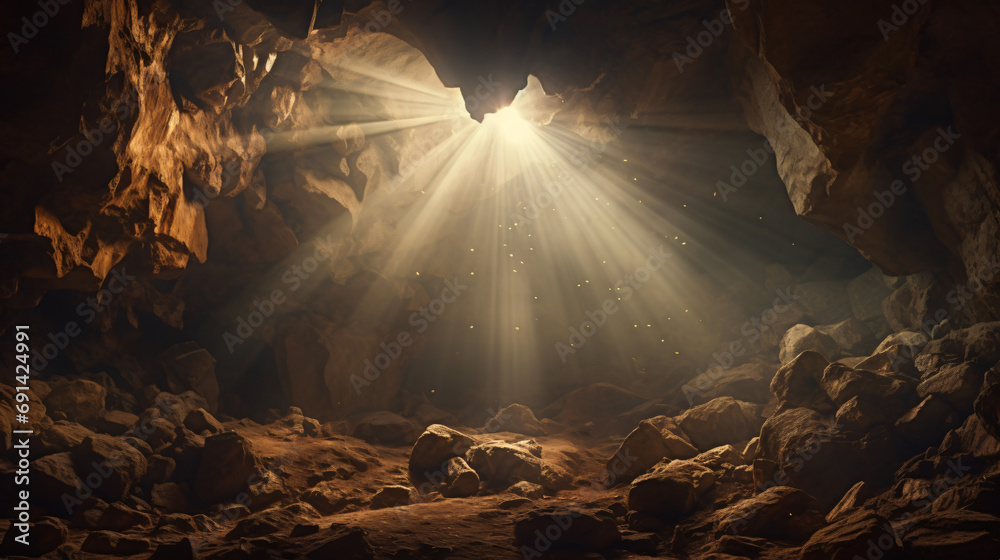 Cave with sunlight glare passing through - obrazy, fototapety, plakaty 