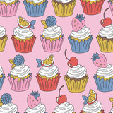 Sweet cupcakes with berries and fruits on top vector seamless pattern. Groovy food background.