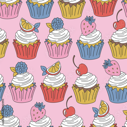 Sweet cupcakes with berries and fruits on top vector seamless pattern. Groovy food background.