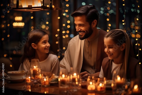 Islamic father and daughters lighting lamps, Ramadan celebrations.