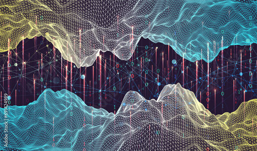 Big Data. Abstract digital futuristic wireframe vector illustration on technology background. Data mining and management concept. Hand drawn art.