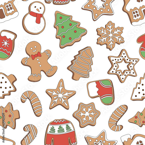 Gingerbread cookies Christmas tree snowman candy cane snowflake sweater sock shape vector seamless pattern. Xmas holiday festive season treats sweets snacks food background.