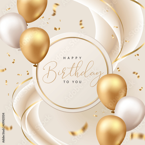 Happy Birthday poster with balloons and confetti on beige background. Vector illustration for banner, poster, flyer, greeting card and advertisement.