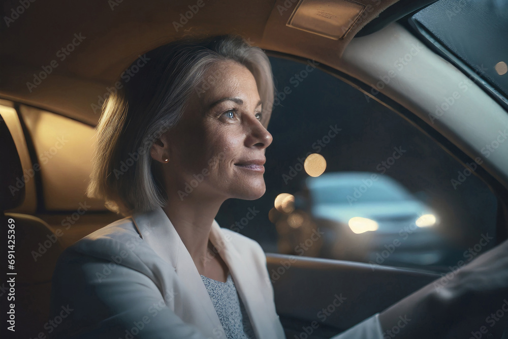 Portrait of a successful businesswoman in fashion office clothes driving a car in urban modern city during night. Business people working late. Portrait of a successful businesswoman in fashion office clothes driving a car in urban modern city during night. Business people working late.