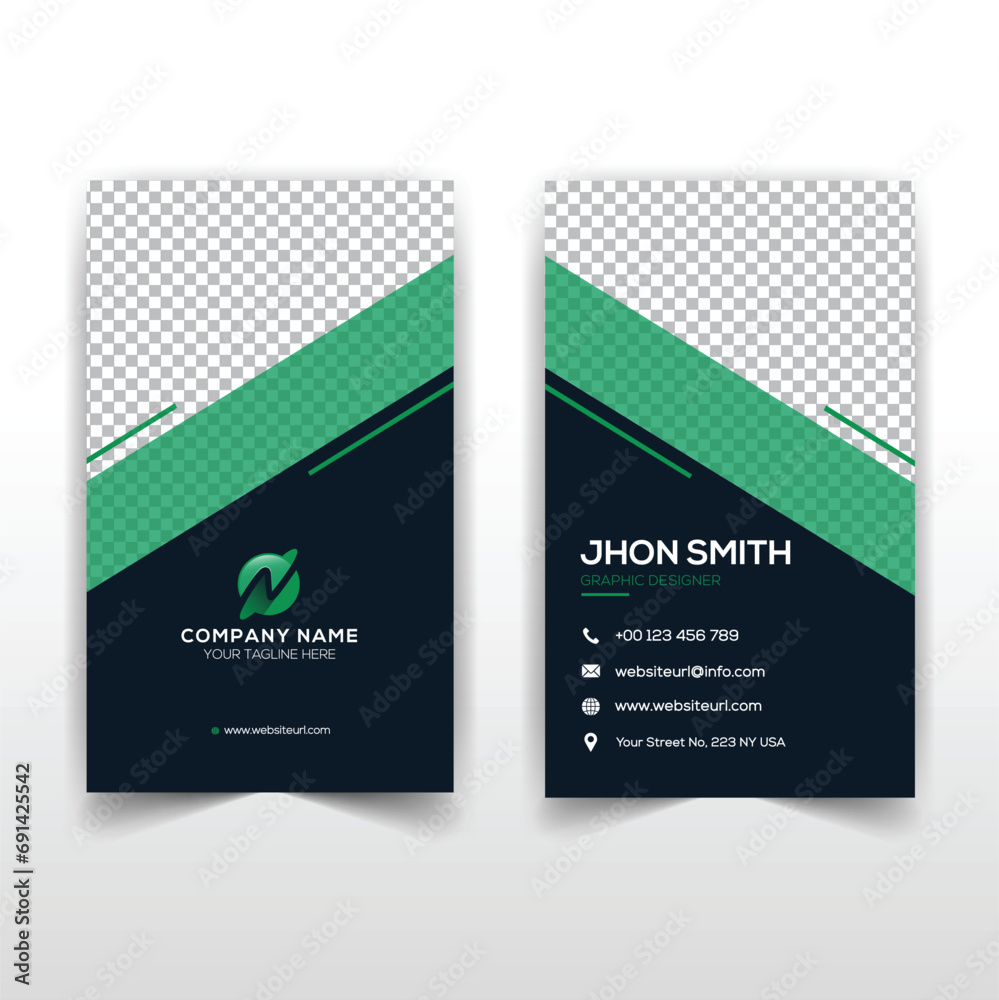Modern And Simple Vertical Business Card Design. template. clean, creative, style, flat, corporate, company. Green and blue colors. Clean flat design. Vector illustration Modern And Simple Vertical Business Card Design. template. clean, creative, style, flat, corporate, company. Green and blue colors. Clean flat design. Vector illustration