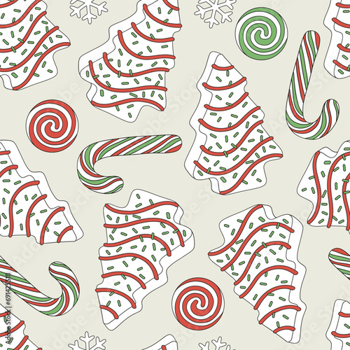 Christmas tree shape gingerbread cookies candy cane peppermint round swirl lollypop vector seamless pattern. Xmas holiday festive season treats sweets snacks food background.
