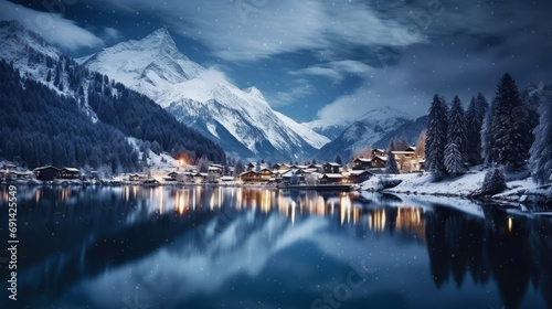 Night view of alpine village houses at lake in winter with snow