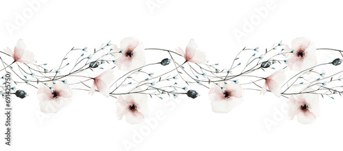 Watercolor painted floral seamless border. Delicate pastel pink poppy  wild blue little forget me not flowers branch. Hand drawn illustration template. Watercolour artistic drawing.