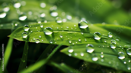 water drops on green leaf, close-up of water droplets on wasabi leaves, Crystal clear droplets cascading from a vibrant green leaf after a fresh rain photo