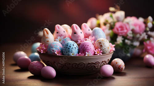 Uova di pasqua decorate con vari colori in una cesta con fiori rosa primaverili photo