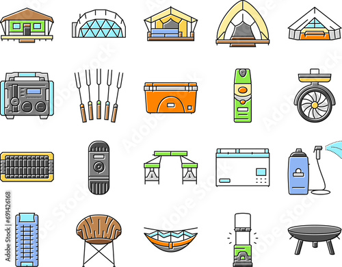 glamping tent nature luxury icons set vector. forest africa, barbecue glamour, camp, campfire bubble, chair beach, vacation glamping tent nature luxury color line illustrations