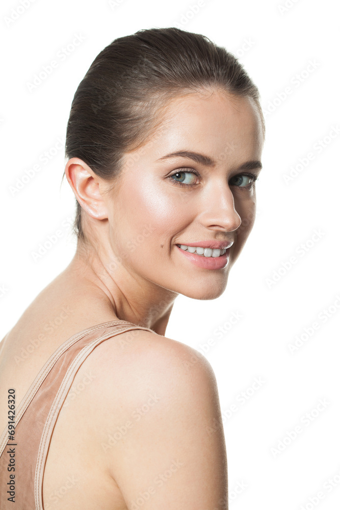 Smiling female model with natural makeup and healthy clear fresh skin portrait. Skincare, facial treatment, cosmetology and plastic surgery concept