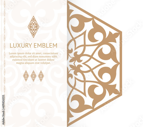 Golden vintage greeting card on a white background. Vector abstract design elements. Great for invitation and greeting cards, packaging, flyer, wallpaper or any desired idea. Luxury ornament template.