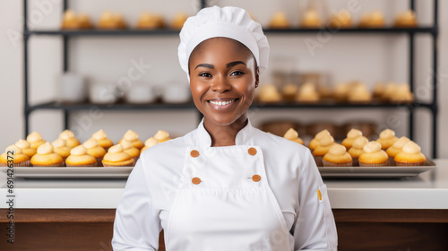 African american pastry chef in her bakery pastry