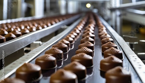Row of chocolate factory conveyors, showcasing manufacturing automation. Generated with AI