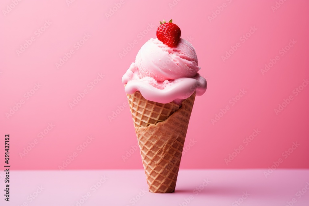 Delicious Strawberry Ice-Cream on Crispy Waffle Cone. Cold Creamy Treat with Berry Flavour on Colorful Background Delicious Strawberry Ice-Cream on Crispy Waffle Cone. Cold Creamy Treat with Berry Flavour on Colorful Background