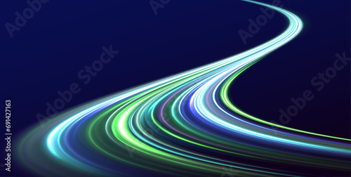 Racing cars dynamic flash effects city road with long exposure. Neon color glowing lines background, high-speed light trails effect. Beautiful glow light flare and spark.  photo