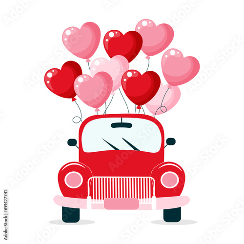 Cartoon car with balloons hearts. Background for Valentine's Day, holiday print, vector