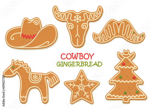 Western Christmas gingerbread cookies vector clipart illustration isolated on white. Cowboy Christmas gingerbread cowboy Howdy Western Xmas baked cookies.