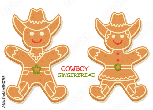 Cowboy Christmas gingerbread cookie vector clipart illustration isolated on white. Christmas gingerbread cowgirl and cowboy Howdy Western Xmas baked cookies.