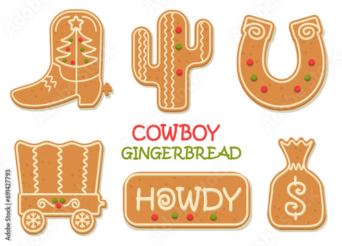Cowboy Christmas gingerbread cookies vector clipart illustration isolated on white. Western Christmas gingerbread cowboy Howdy Western Xmas baked cookies.