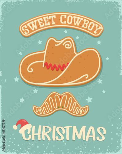 Cowboy sweet Christmas gingerbread cookie vintage card background with christmas text on old paper texture. Christmas gingerbread cowboy hat Howdy Western Xmas baked cookie holiday snow background.