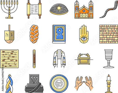 judaism jewish jew israel torah icons set vector. synagogue holocaust, hebrew israeli, kippur hanukkah, yom shofar, pray star candle judaism jewish jew israel torah color line illustrations