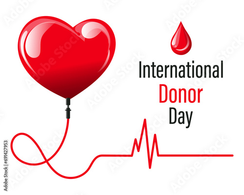 World Donor Day, red heart in the shape of a medical dropper and a drop of blood. Medicine concept. Banner, poster, vector