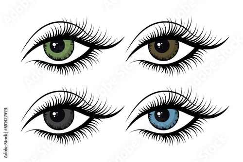 Women's eyes, icons set. The eyes are blue, green and brown. Illustration, vector