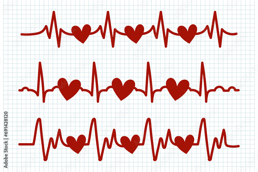 Heartbeat, icons set. Red heart beats on a checkered sheet. Cardiogram of the heart. Design elements, doodles, vector Heartbeat, icons set. Red heart beats on a checkered sheet. Cardiogram of the heart. Design elements, doodles, vector