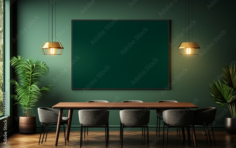 Chic Dining Area in Deep Green Ambiance with Prominent Wall Print.