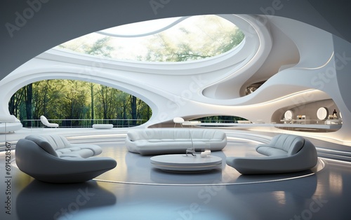 Oval White Lounge in a Futuristic Setting.