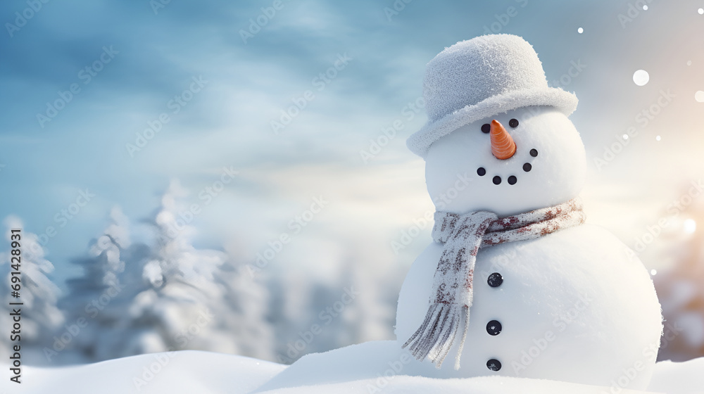 Obraz premium Christmas scene with a cute snowman. Free space for text on right side, snob, light and bokeh in background. Generated AI