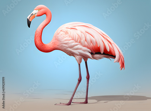 Realistic animal bird clipart template pattern. Picture pink flamingo watercolor. walking in search of food on blue background.