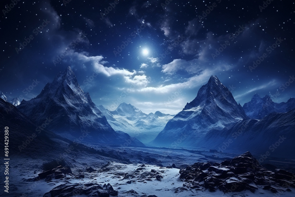 Winter landscape with bright stars in the night sky. Jagged peaks piercing the indigo night sky. High mountains covered with snow