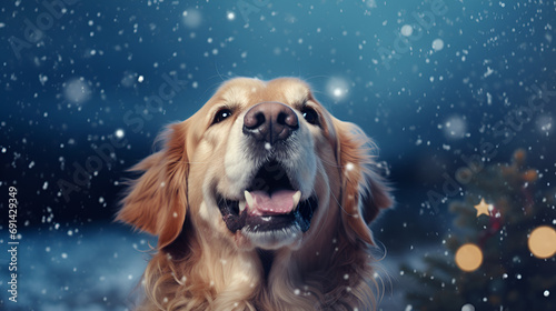 Cute Christmas dog in snow falling sky scene space for text. Generated AI