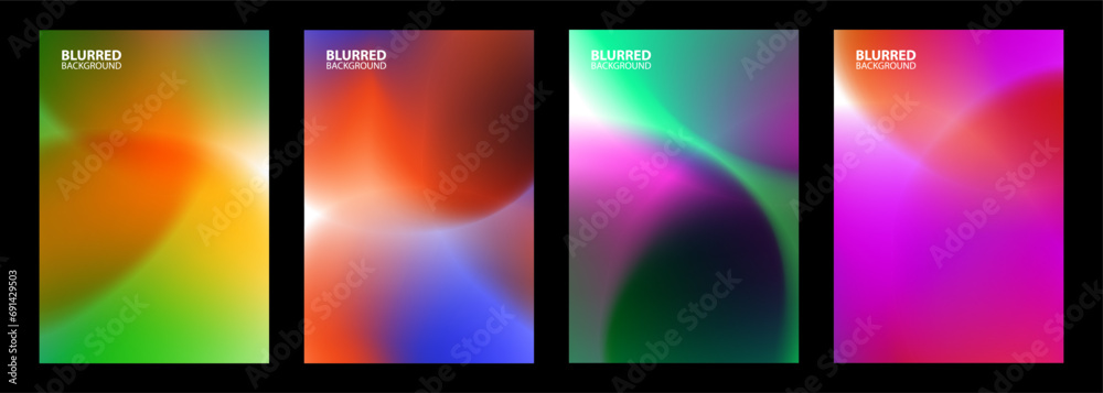 Set of abstract backgrounds with bright color gradient defocused round shapes for creative graphic design. Blurred circles. Vector illustration.