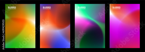 Set of abstract backgrounds with bright color gradient defocused round shapes for creative graphic design. Blurred circles. Vector illustration.