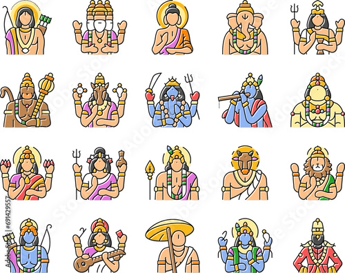 god indian hindu lord krishna icons set vector. india vishnu, hinduism janmashtami, art shiva, festival mythology, flute deity god indian hindu lord krishna color line illustrations