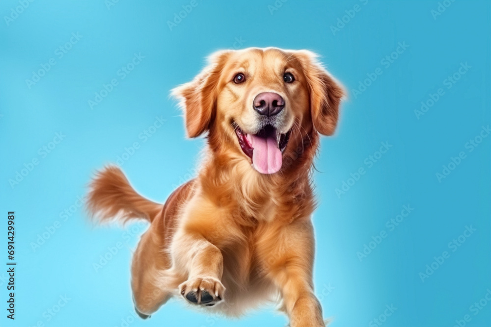 Portrait of a running and happy golden retriever dog on a blue background