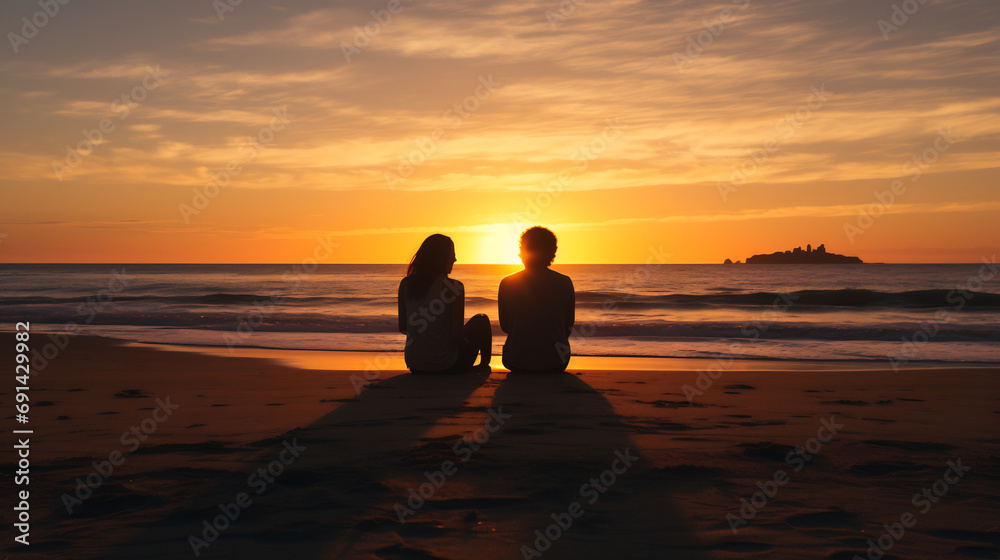 Back view of young couple in love watching sunset together on beach travel summer holidays, silhouette couple sitting on the beach enjoying a conversation while watching the sunset