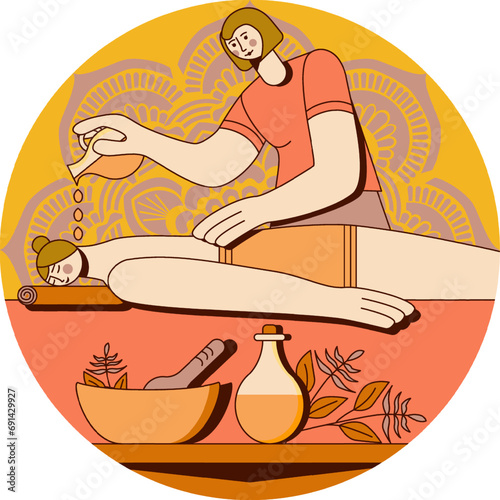 Aromatherapy massage using massage oil and essential oils with massage therapist in spa. Isolated flat vector illustration in circle shape.