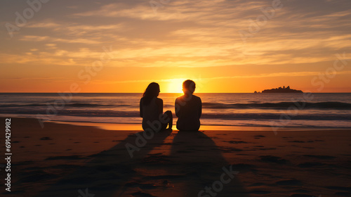 Back view of young couple in love watching sunset together on beach travel summer holidays  silhouette couple sitting on the beach enjoying a conversation while watching the sunset