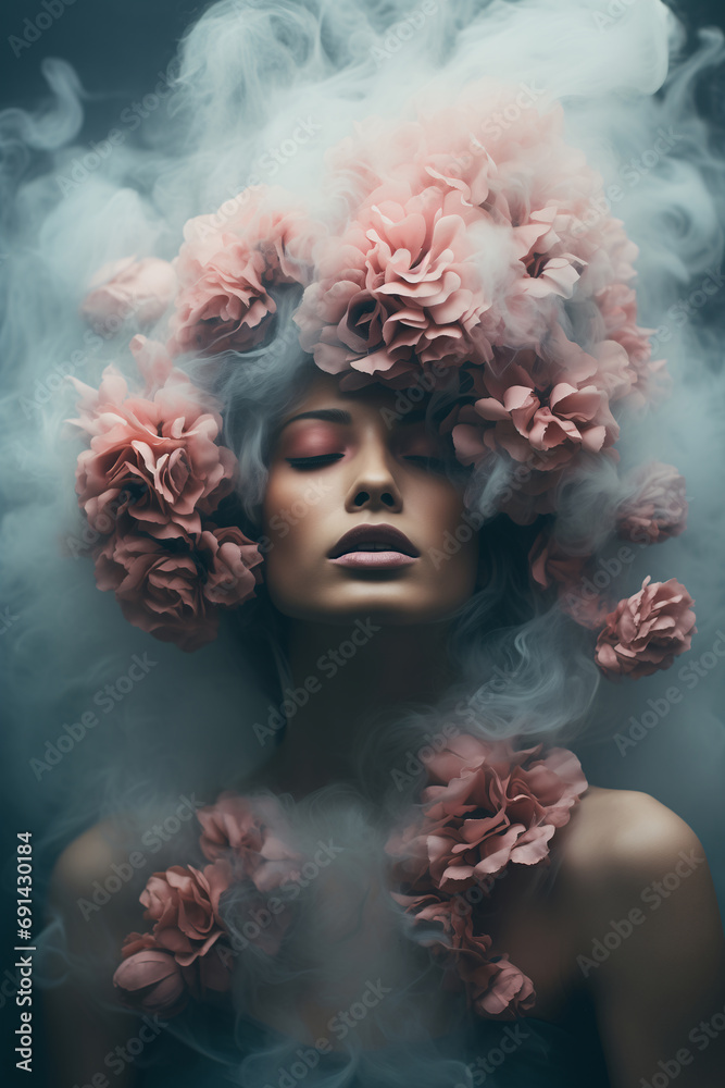 Brunette with pink mascara and flowers found in the smoke.