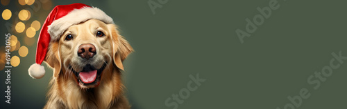 A happy golden retriever in a Santa hat on the background of a side garland on the eve of the celebration of Christmas. Place for text, banner.