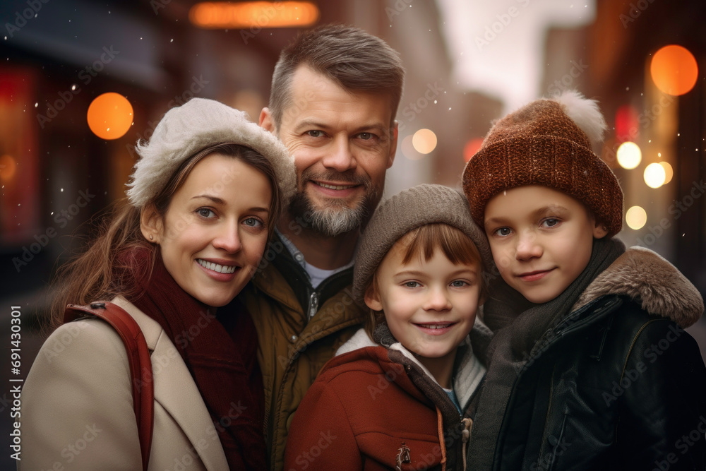 Portrait of happy and cheerful full family standing outdoor while shopping on Christmas market. Family at Christmas shopping. Souvenir shops, shopping presents